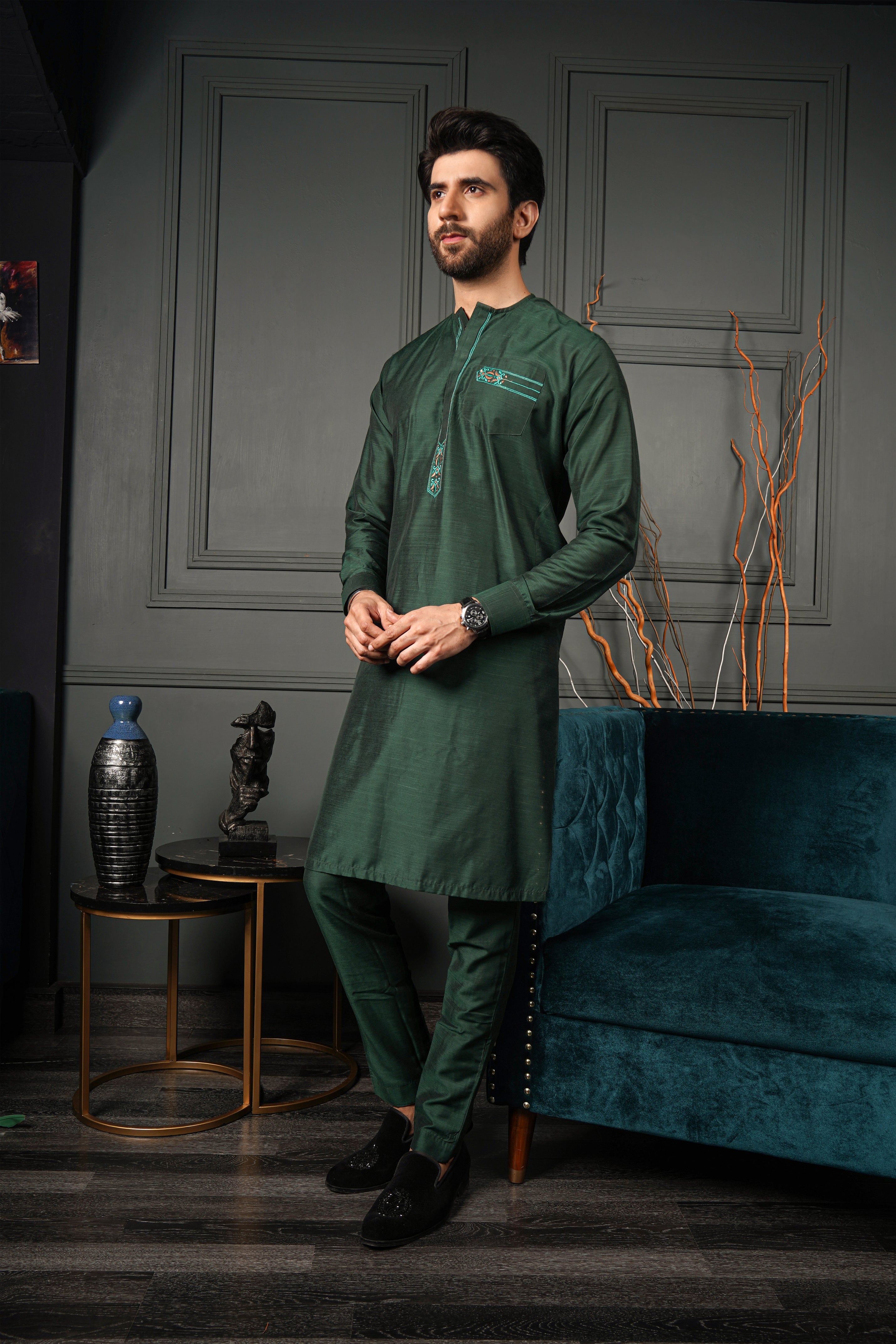 Dark Green Embroidered Cotton Silk Shalwar Kameez (2-Piece) - Image 3
