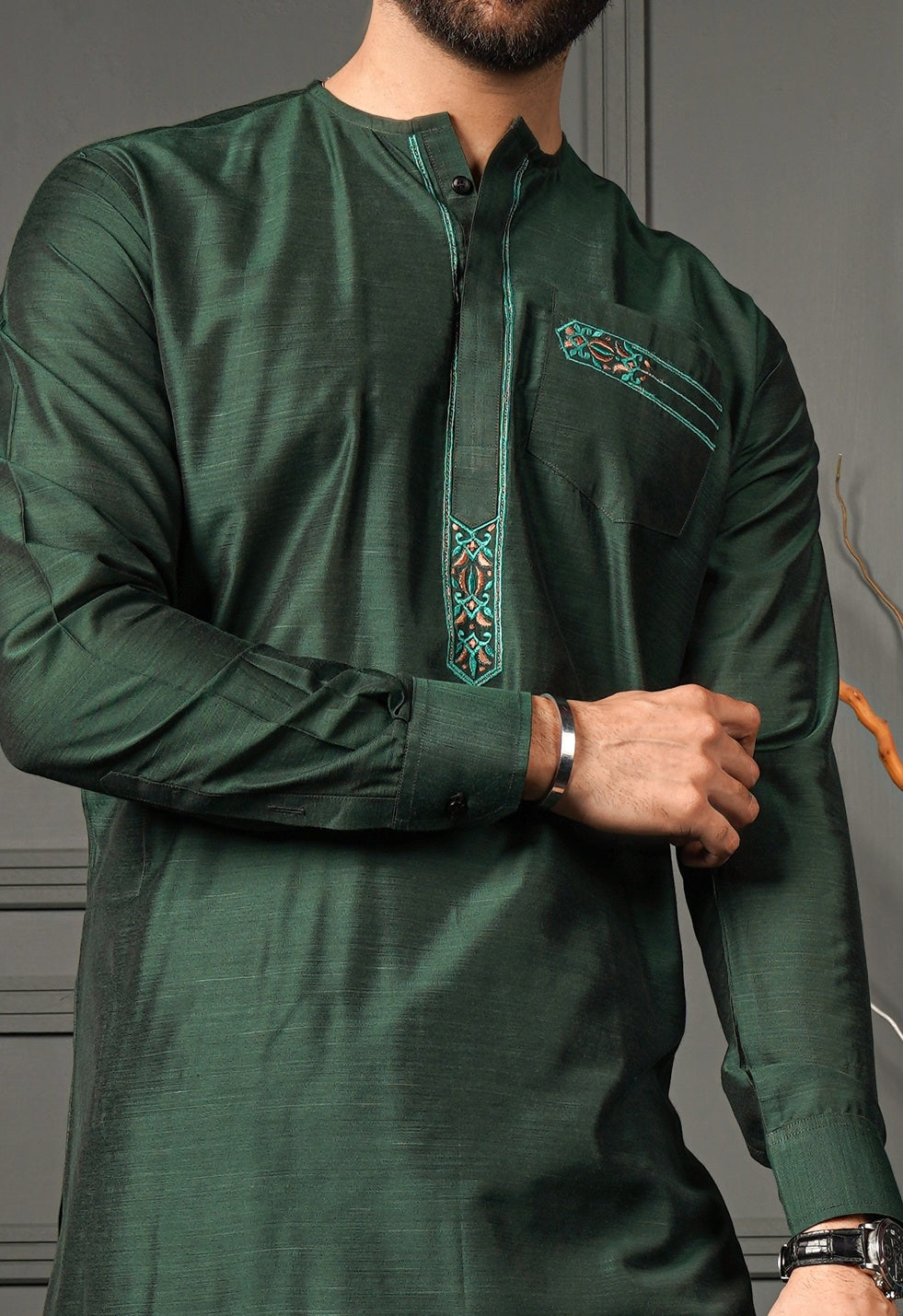 Dark Green Embroidered Cotton Silk Shalwar Kameez (2-Piece) - Image 4