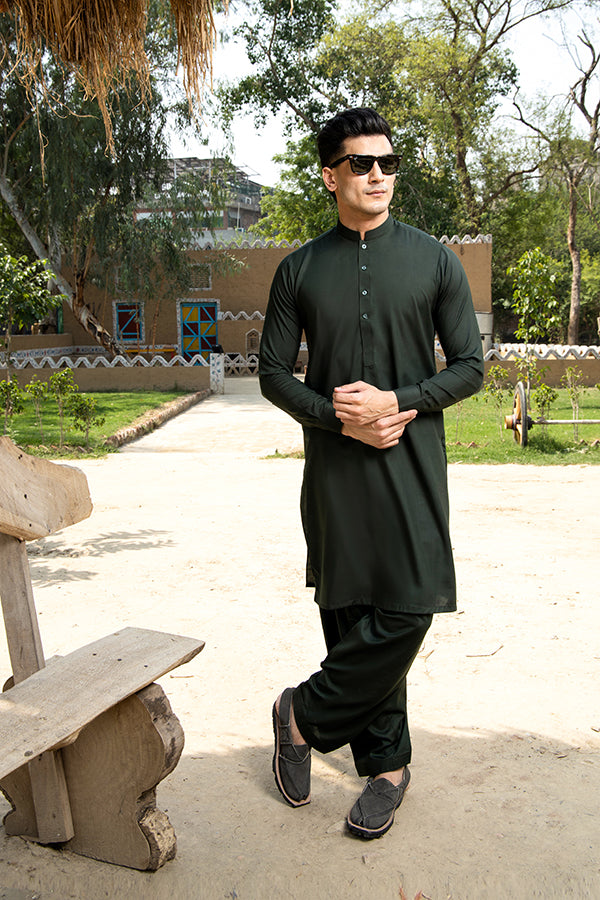 Bottle Green Cotton Kurta Shalwar (2-Piece) - Image 1