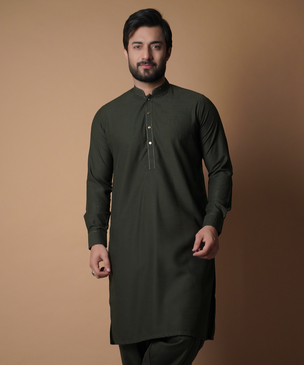 Deep Green Self-Textured Soft Cotton Shalwar Kameez (2-Piece) - Image 1