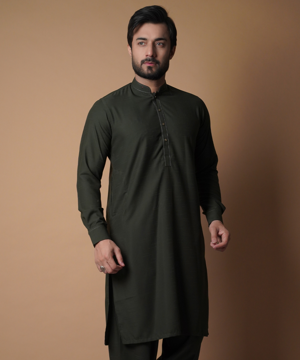 Deep Green Self-Textured Soft Cotton Shalwar Kameez (2-Piece) - Image 2