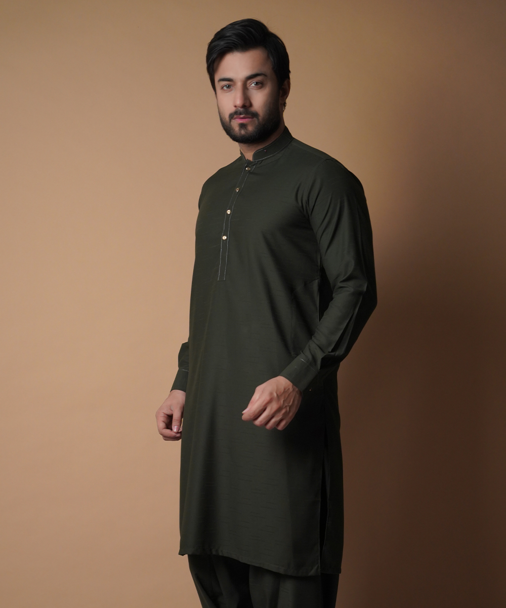 Deep Green Self-Textured Soft Cotton Shalwar Kameez (2-Piece) - Image 4