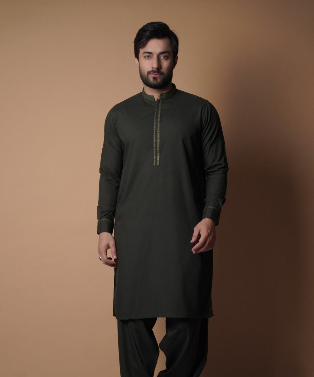 Deep Green Embroidered Soft Cotton Shalwar Kameez (2-Piece) - Image 1