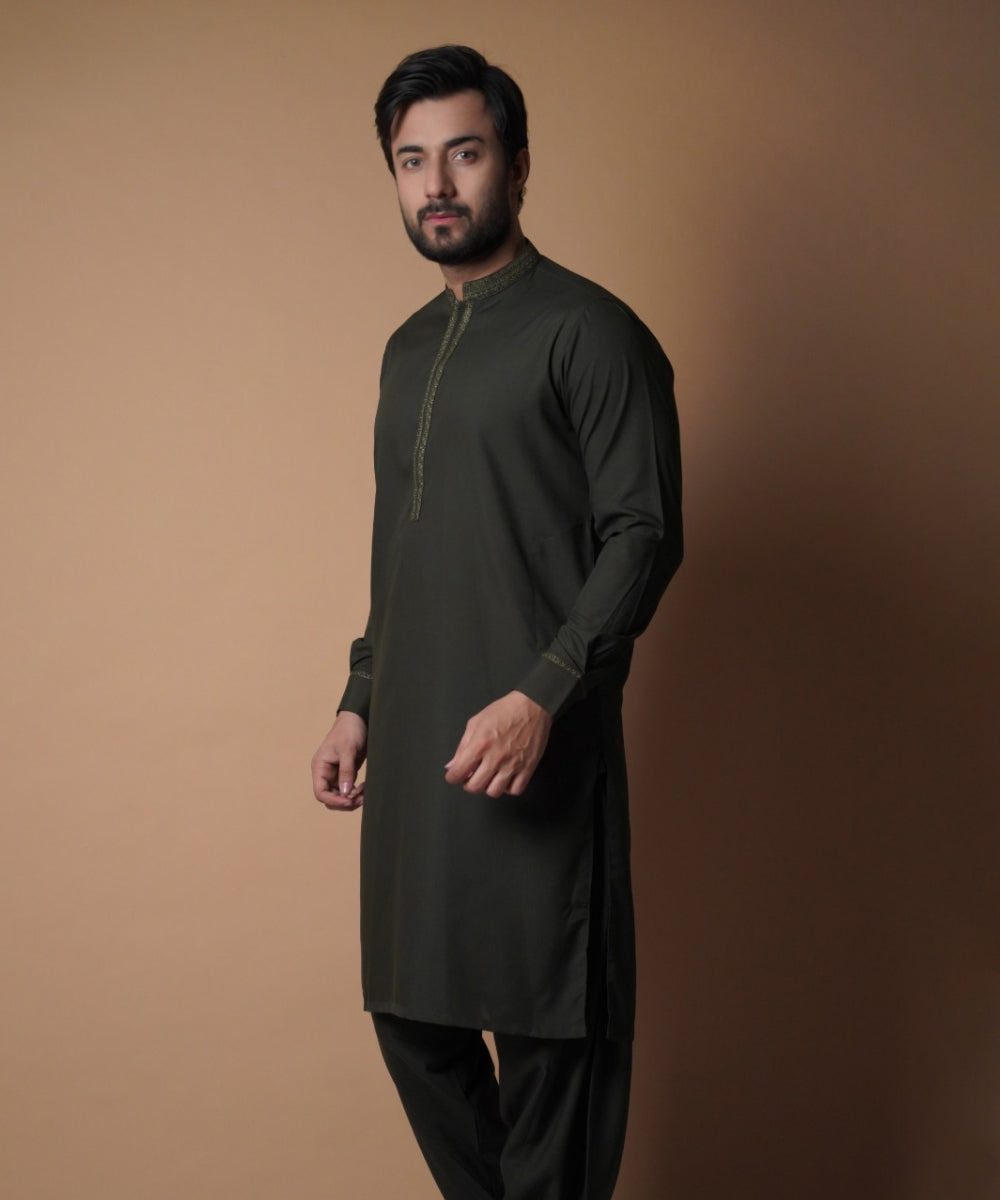 Deep Green Embroidered Soft Cotton Shalwar Kameez (2-Piece) - Image 3