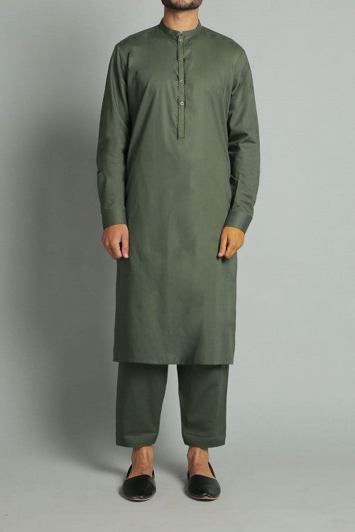 Olive Green Embroidered Egyptian Cotton Shalwar Kameez (2-Piece) - Image 1
