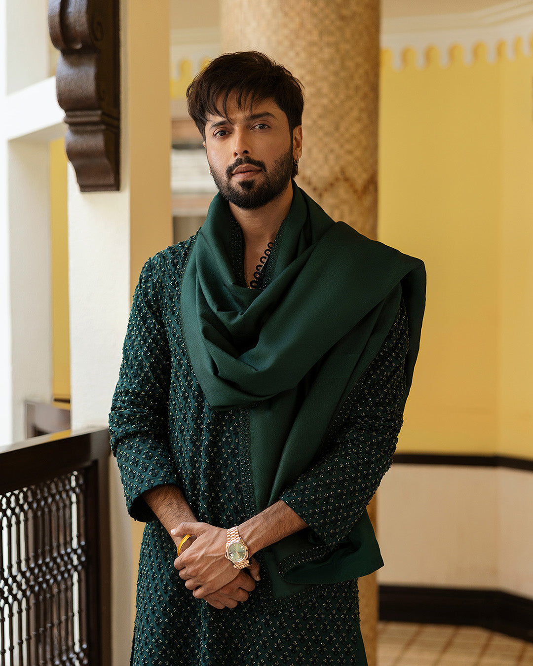 Emerald Green Embellished Karandi Shalwar Kameez (3-Piece) - Image 2