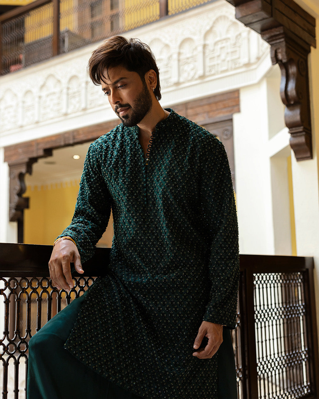 Emerald Green Embellished Karandi Shalwar Kameez (3-Piece) - Image 7