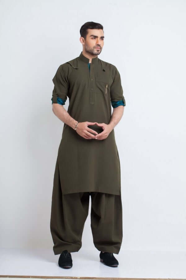 Dark Green Mixed Cotton Shalwar Kameez (2-Piece) - Image 1