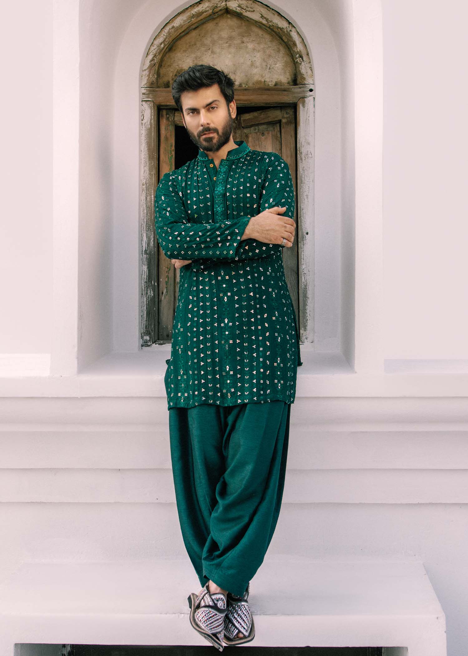 Jade Green Mirror Work PK Rawsilk Shalwar Kameez (2-Piece) - Image 1