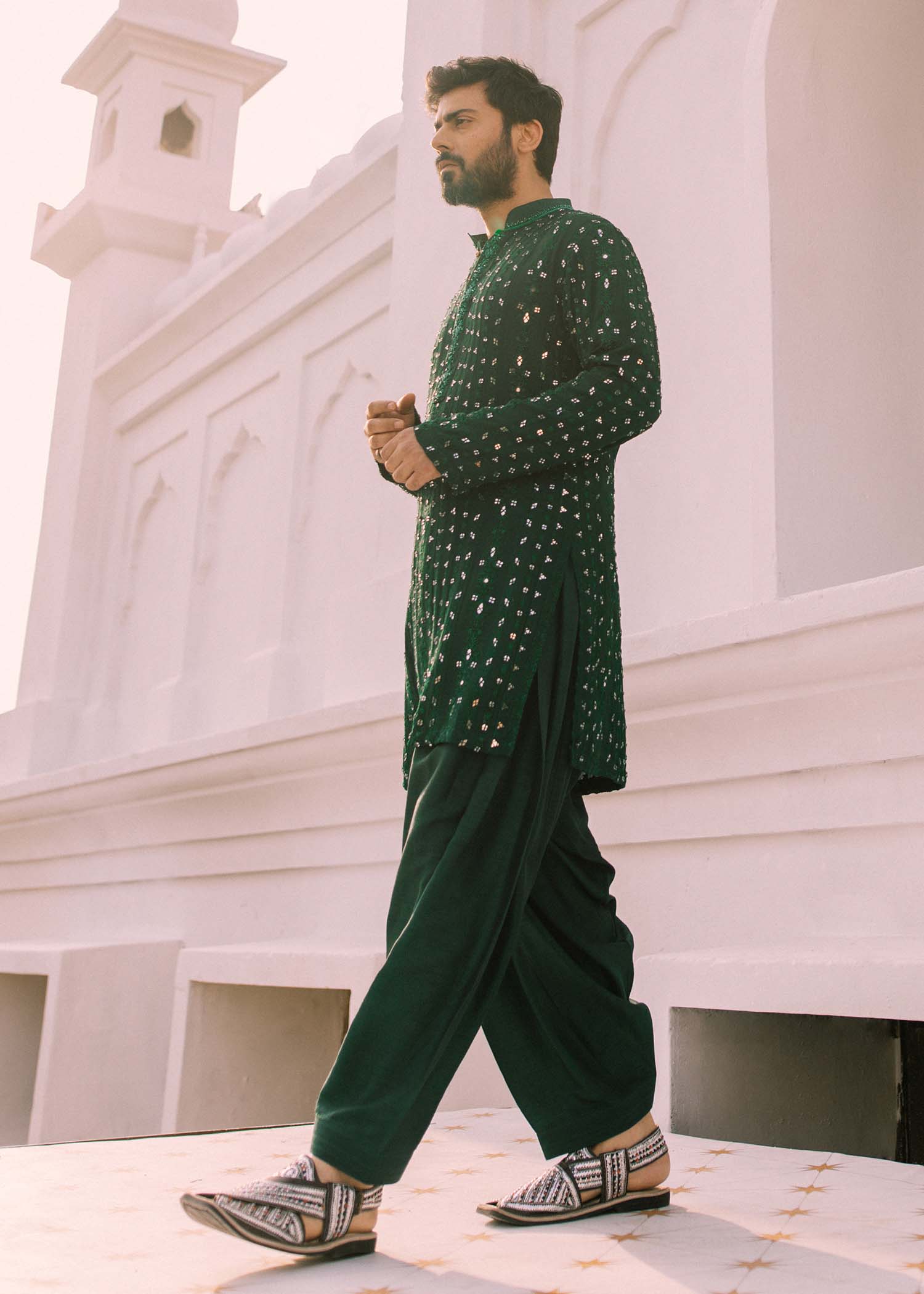 Jade Green Mirror Work PK Rawsilk Shalwar Kameez (2-Piece) - Image 2