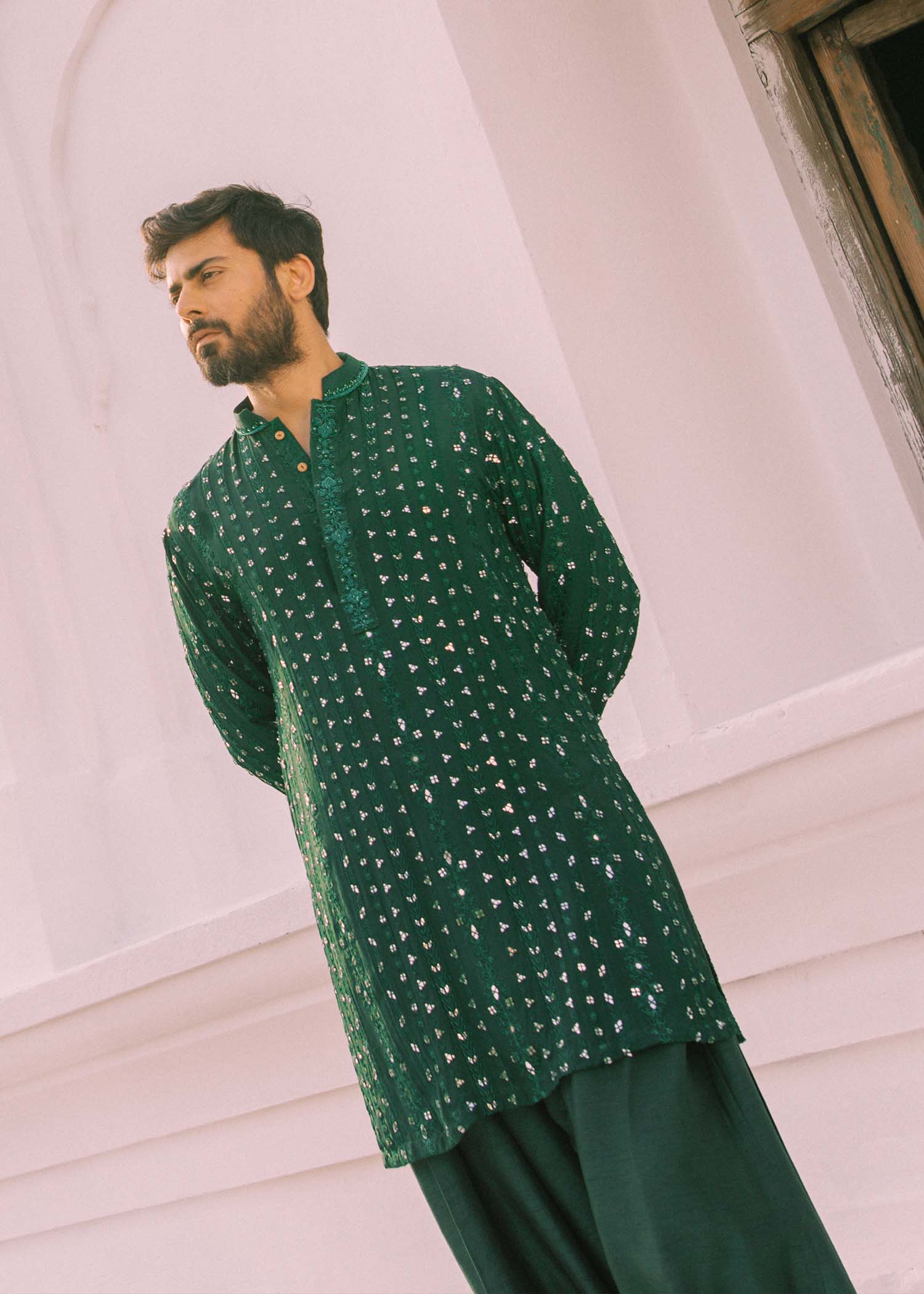 Jade Green Mirror Work PK Rawsilk Shalwar Kameez (2-Piece) - Image 4