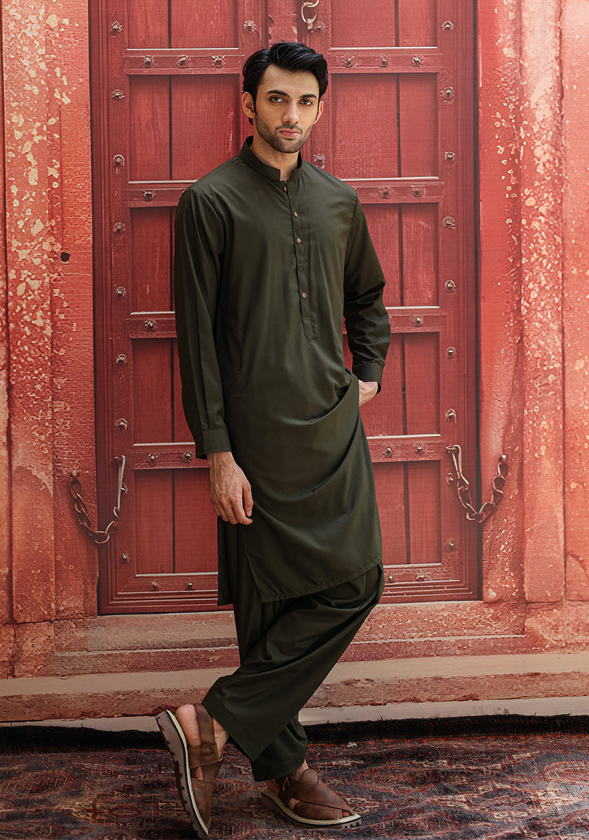 Deep Tarmac Green Poly Viscose Shalwar Kameez (2-Piece) - Image 1