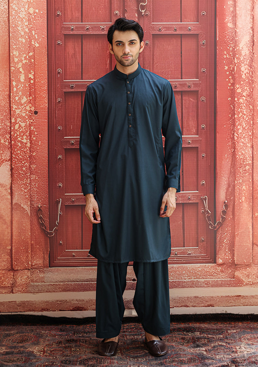 Scarab Green Poly Viscose Slim Fit Shalwar Kameez (2-Piece) - Image 1