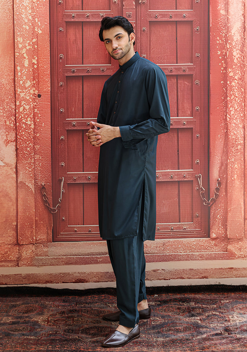 Scarab Green Poly Viscose Slim Fit Shalwar Kameez (2-Piece) - Image 2