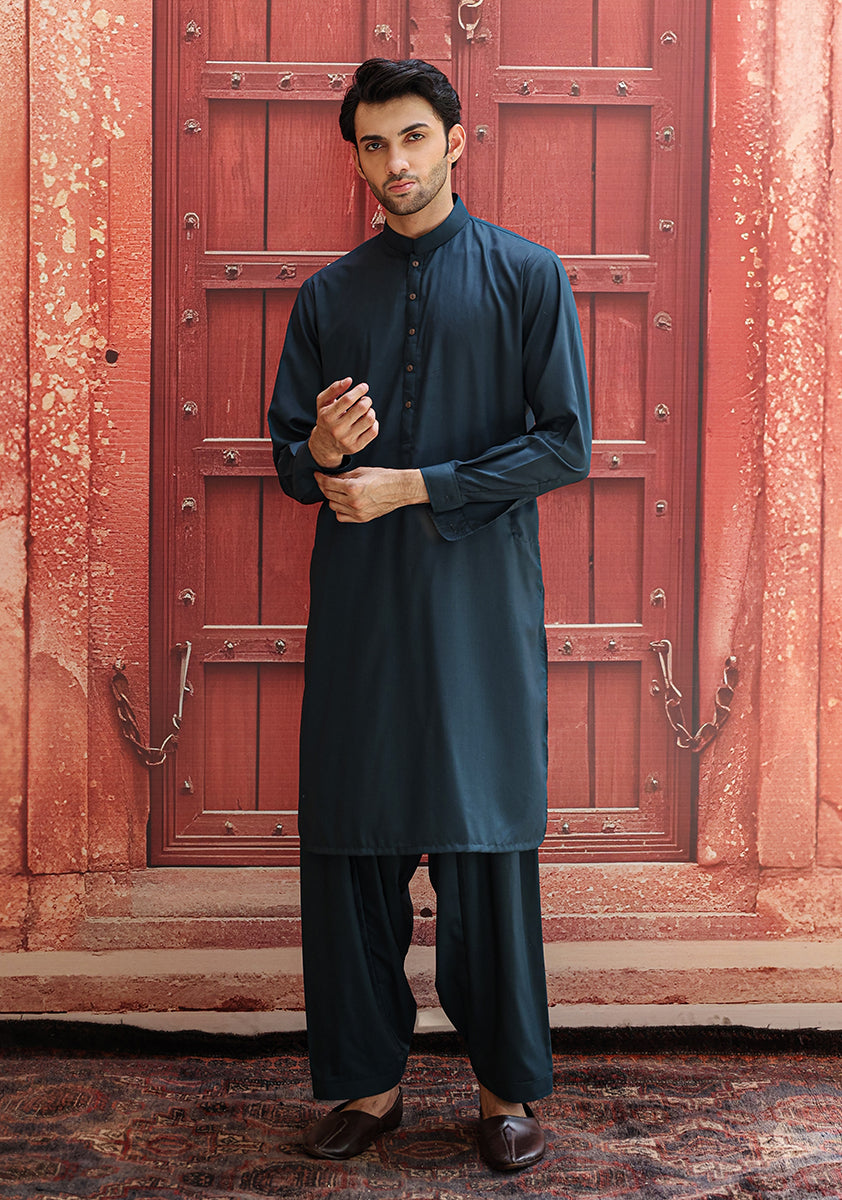Scarab Green Poly Viscose Slim Fit Shalwar Kameez (2-Piece) - Image 3
