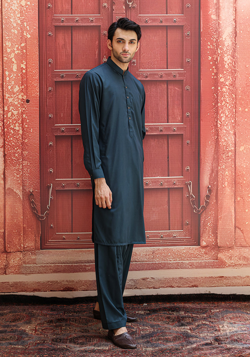 Scarab Green Poly Viscose Slim Fit Shalwar Kameez (2-Piece) - Image 4
