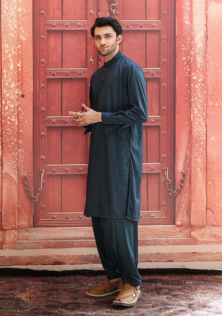 Scarab Green Poly Viscose Shalwar Kameez (2-Piece) - Image 4
