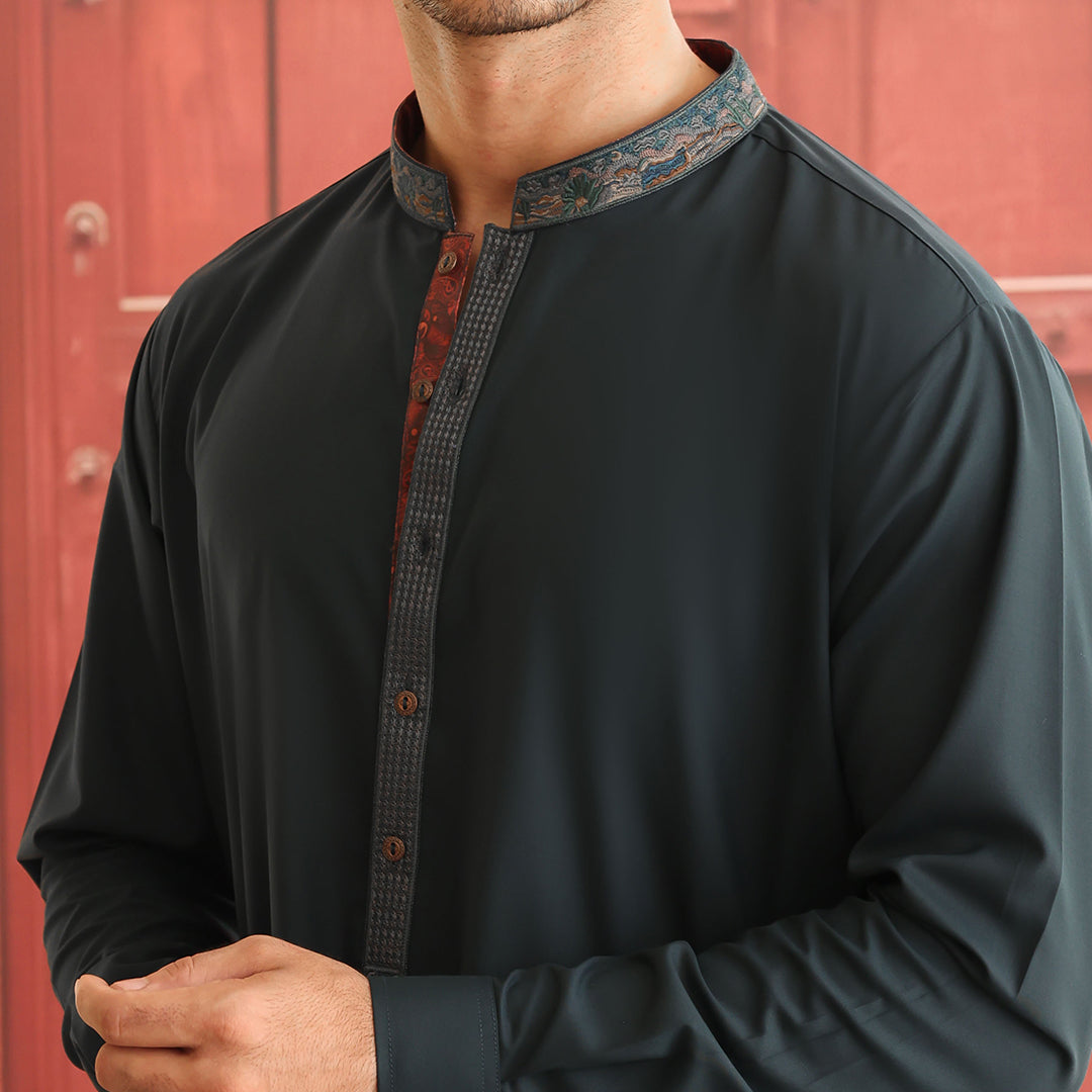 Deep Green Embroidered Poly Viscose Shalwar Kameez (2-Piece) - Image 2