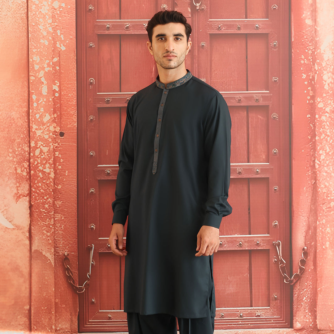 Deep Green Embroidered Poly Viscose Shalwar Kameez (2-Piece) - Image 3