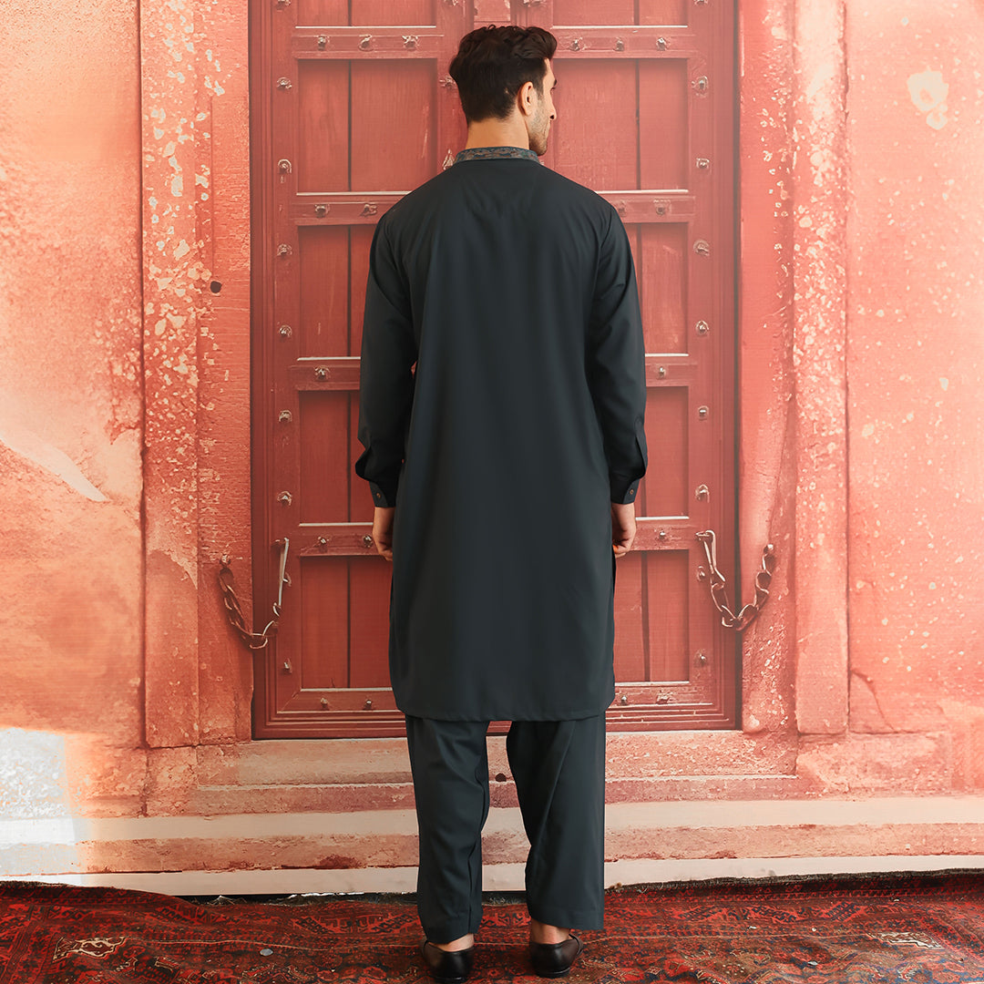 Deep Green Embroidered Poly Viscose Shalwar Kameez (2-Piece) - Image 5