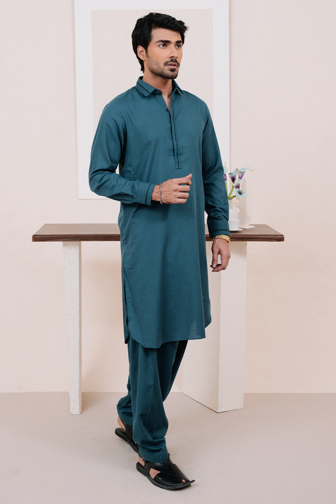 Dark Green PV Textured Wash & Wear Shalwar Kameez (2-Piece) - Image 33