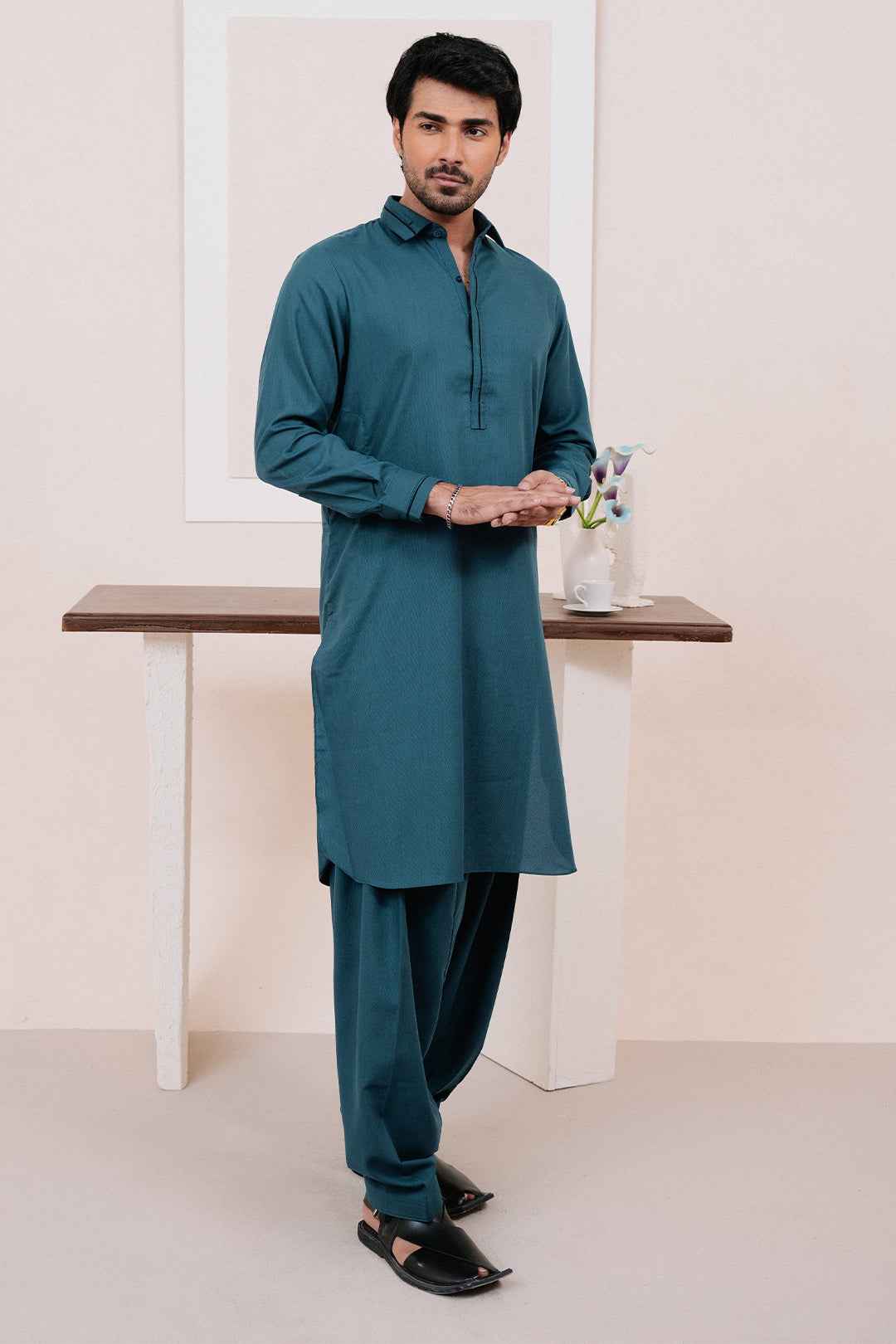 Dark Green PV Textured Wash & Wear Shalwar Kameez (2-Piece) - Image 34