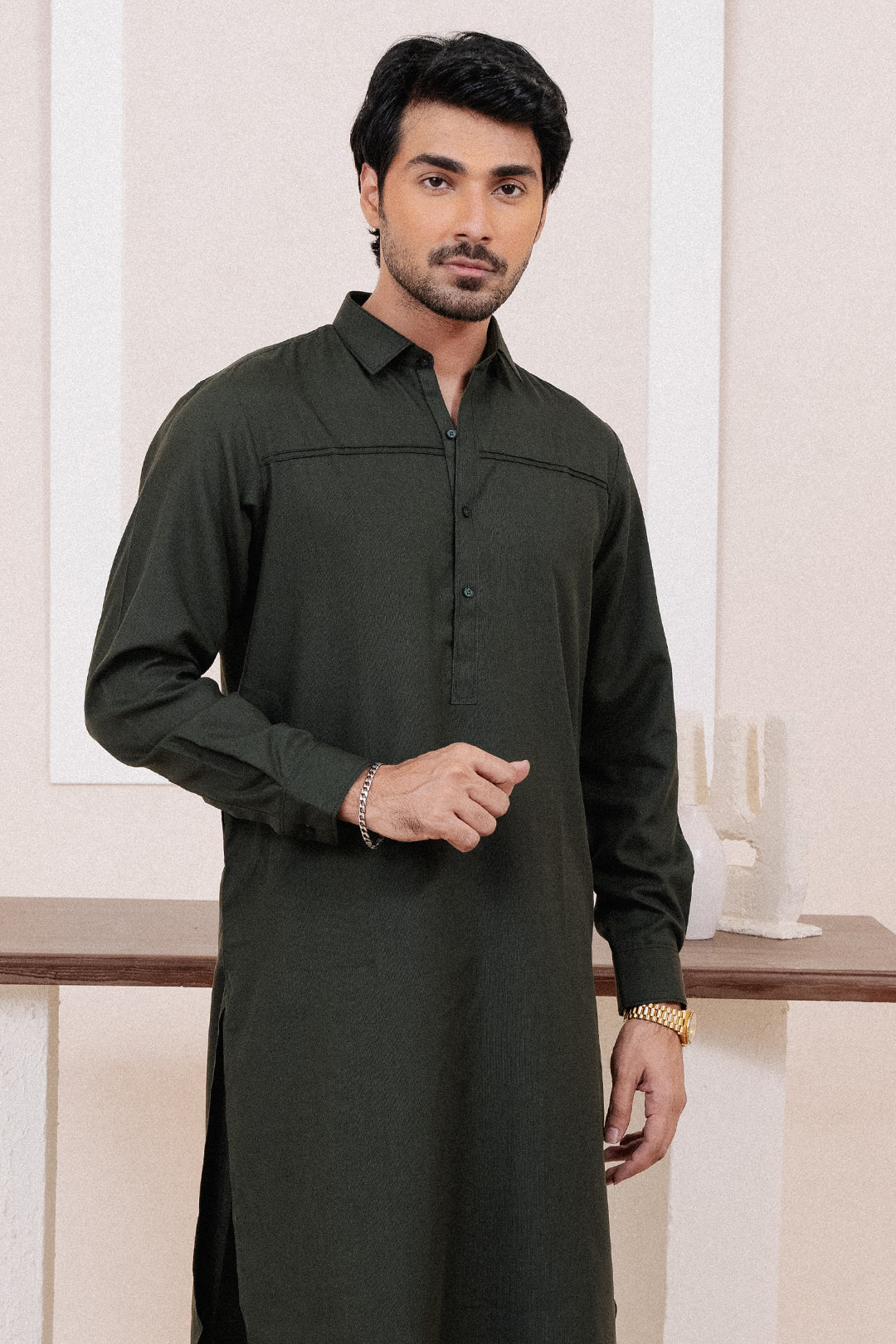 Dark Green PV Textured Wash & Wear Shalwar Kameez (2-Piece) - Image 7