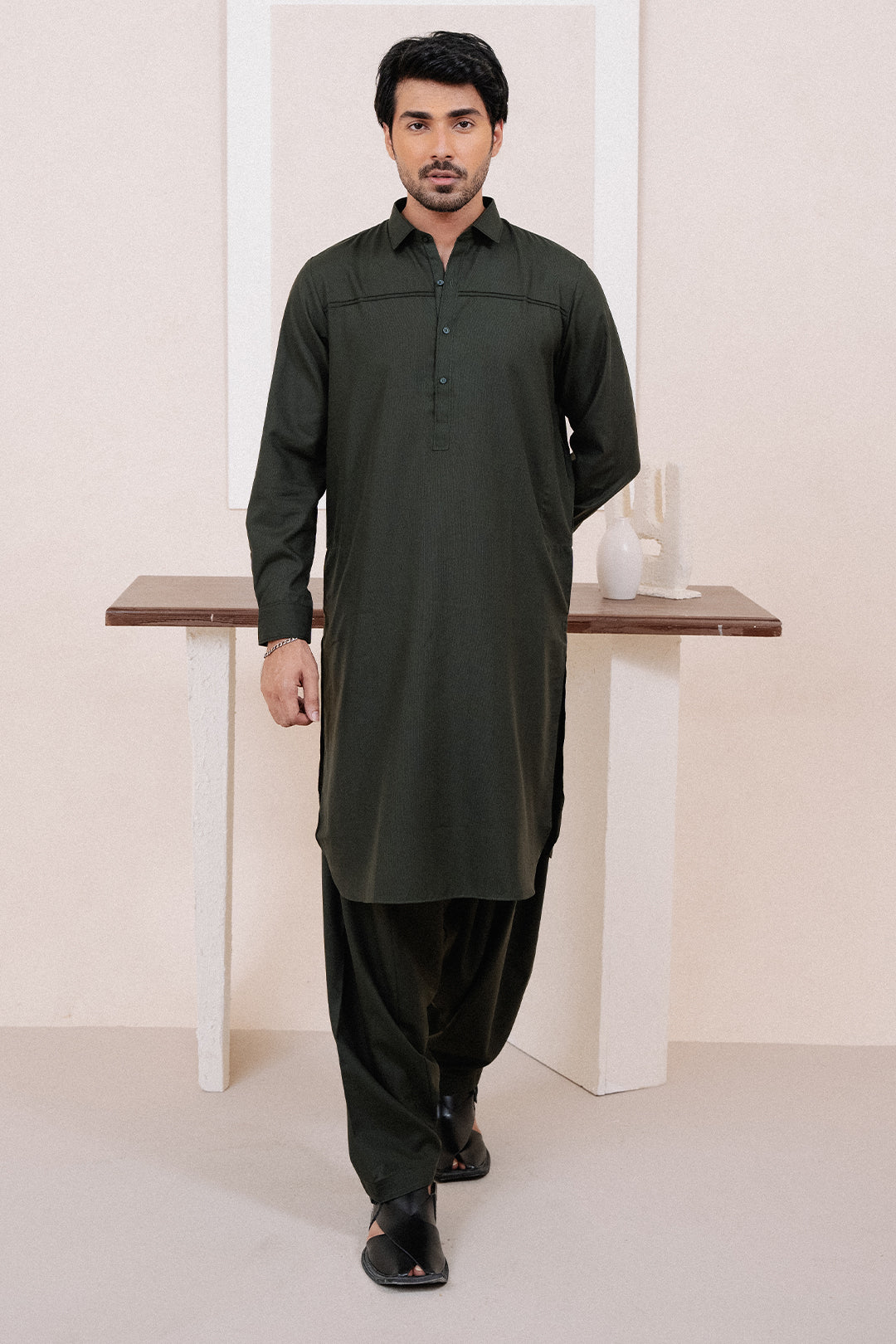 Dark Green PV Textured Wash & Wear Shalwar Kameez (2-Piece) - Image 9