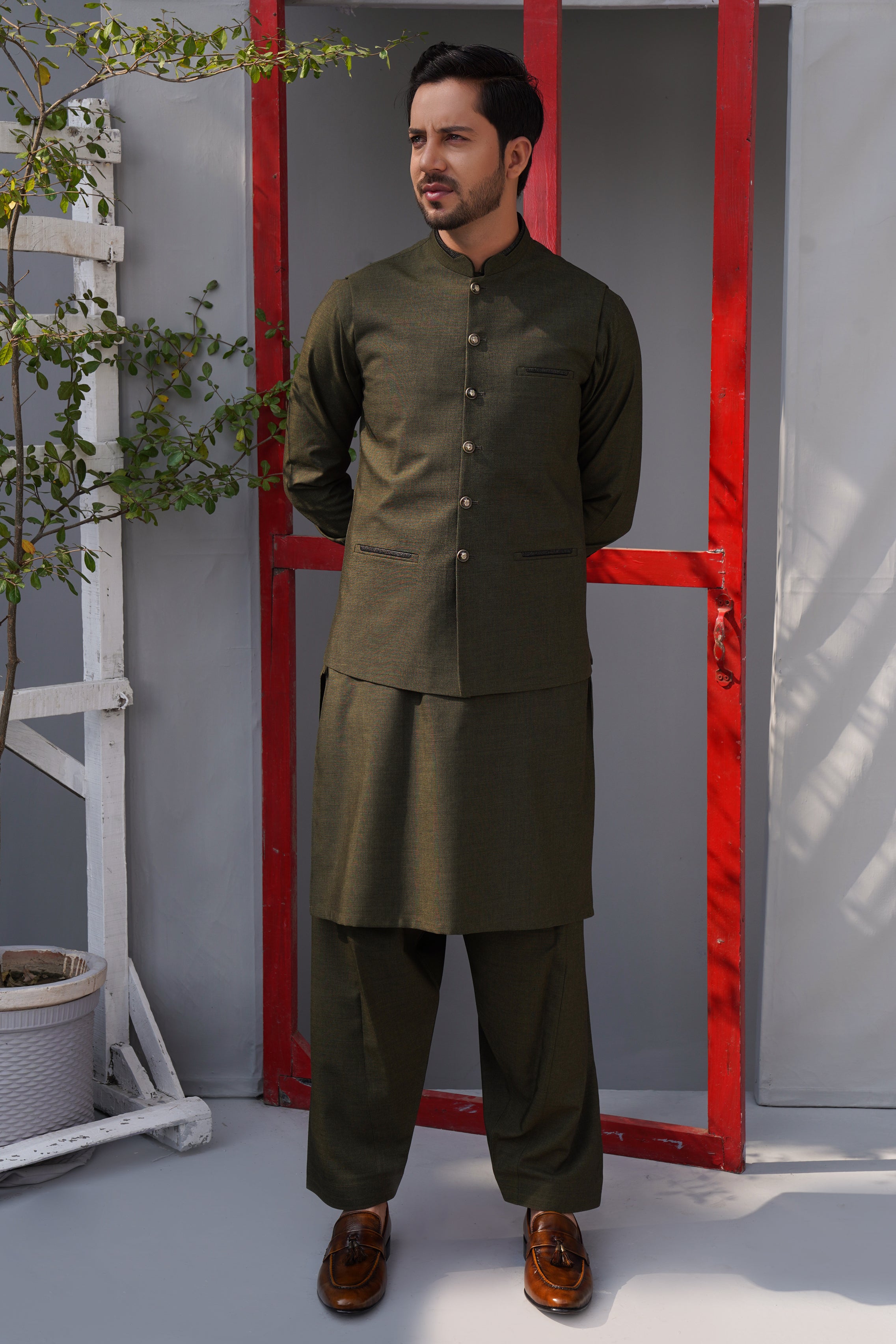 Olive Green Textured Fabric Shalwar Kameez (2-Piece) - Image 1