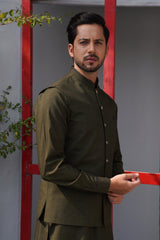 Olive Green Textured Fabric Shalwar Kameez (2-Piece) - Image 4