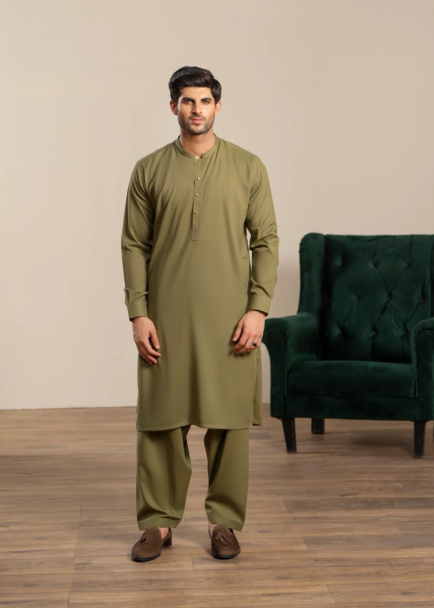 Mehndi Green Wash & Wear Shalwar Kameez (2-Piece) - Image 1