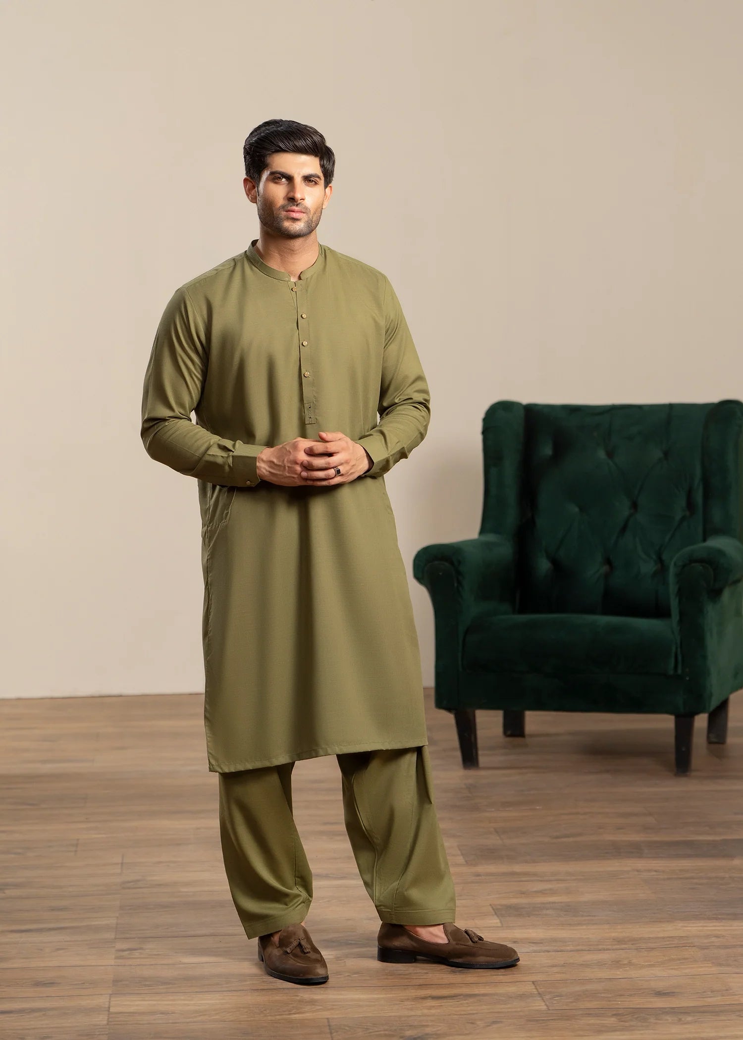 Mehndi Green Wash & Wear Shalwar Kameez (2-Piece) - Image 2