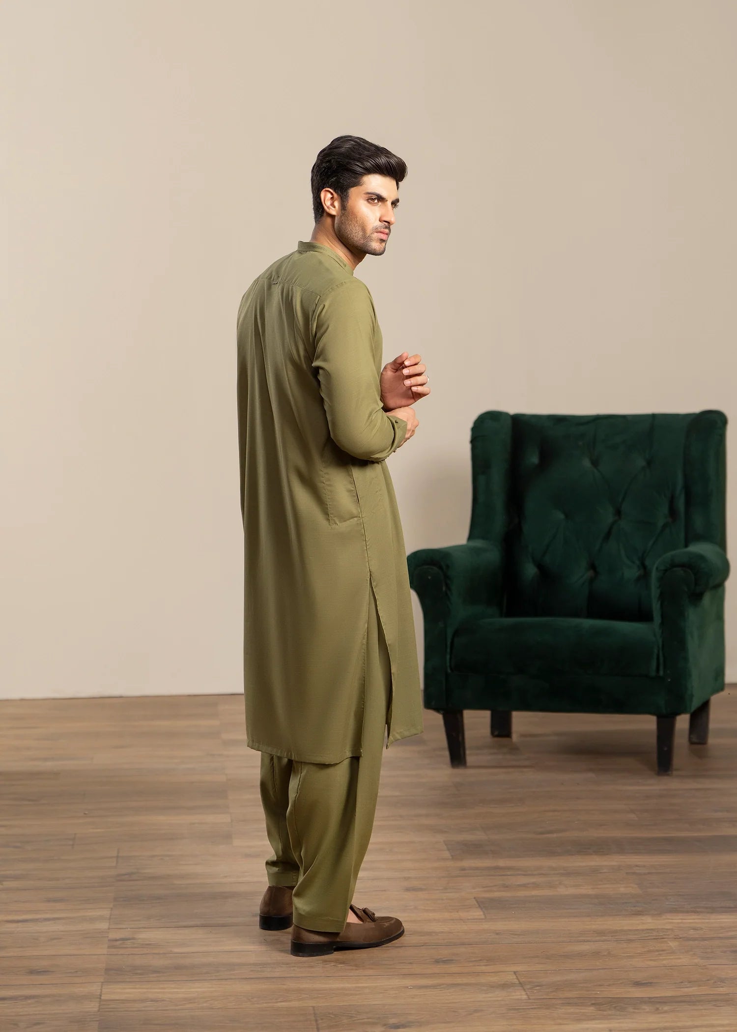 Mehndi Green Wash & Wear Shalwar Kameez (2-Piece) - Image 3