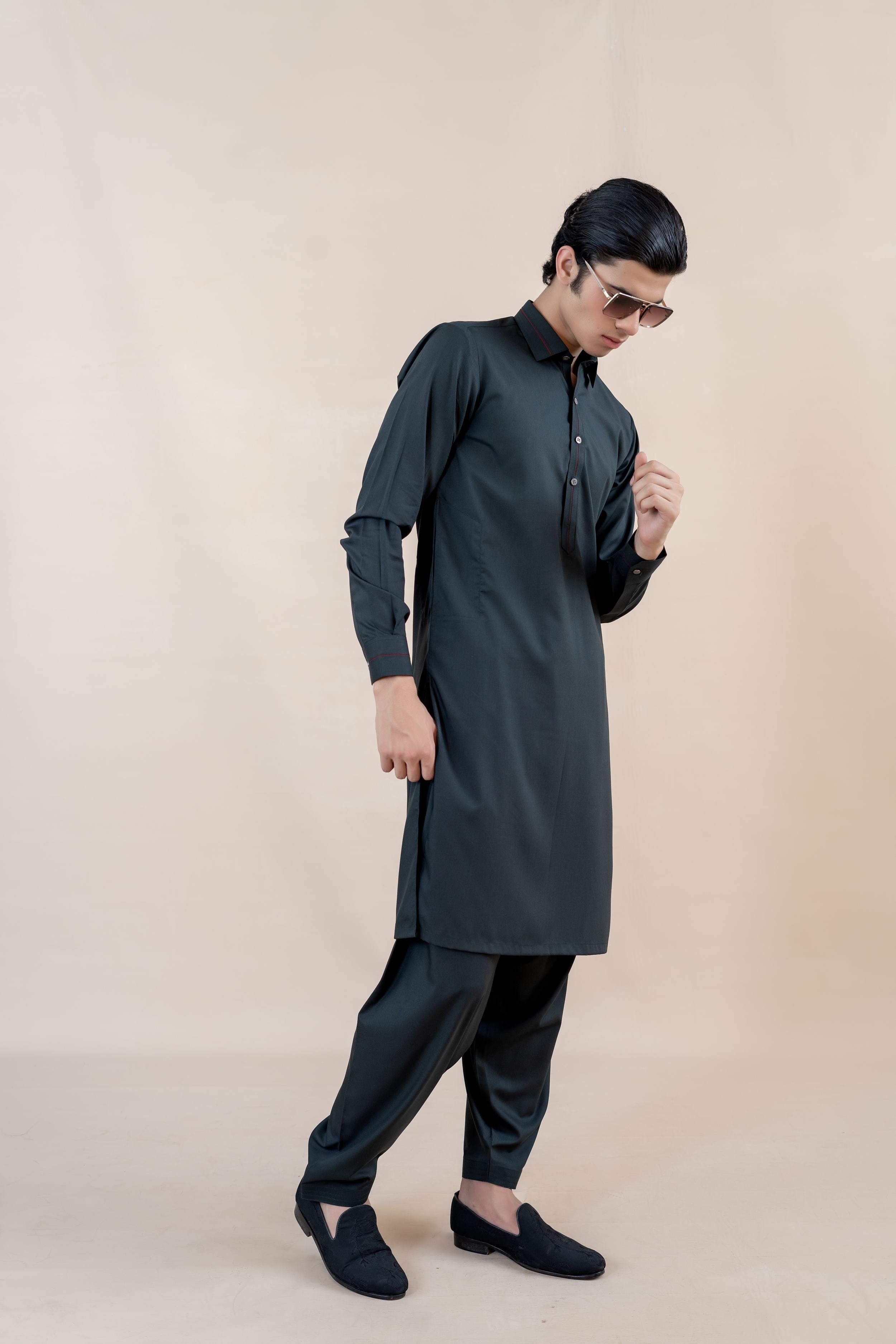 Deep Green Contrast-Stitched Wash-and-Wear Shalwar Kameez (2-Piece) - Image 5