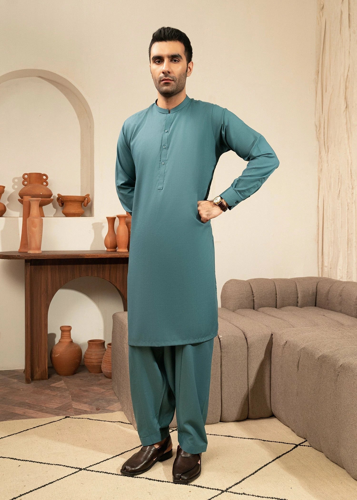 Aqua Green Wash & Wear Shalwar Kameez (2-Piece) - Image 1