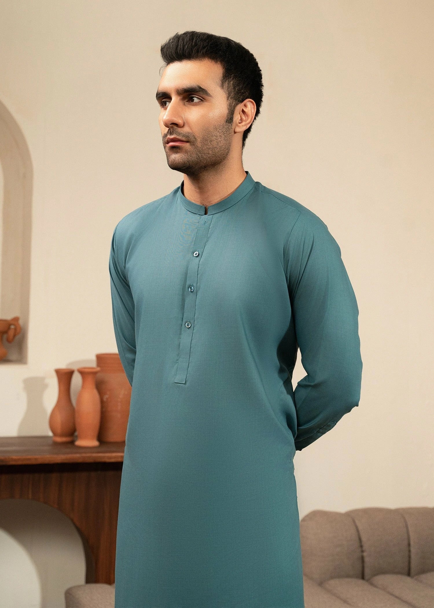 Aqua Green Wash & Wear Shalwar Kameez (2-Piece) - Image 2
