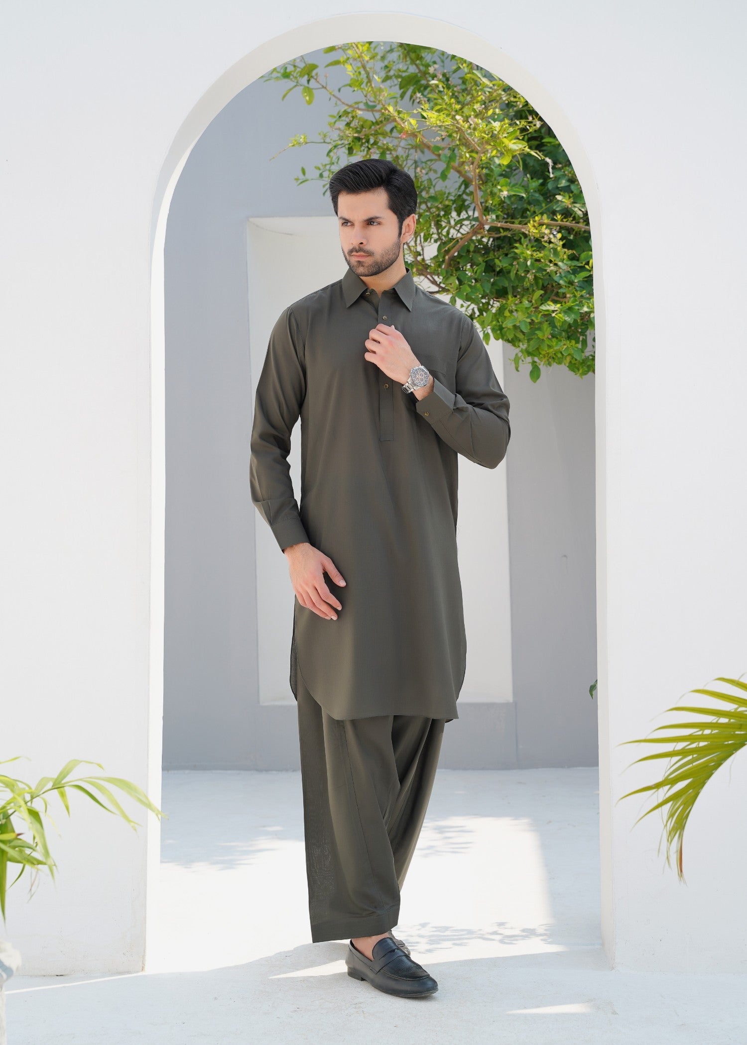 Olive Green Wash & Wear Shalwar Kameez (2-Piece) - Image 1