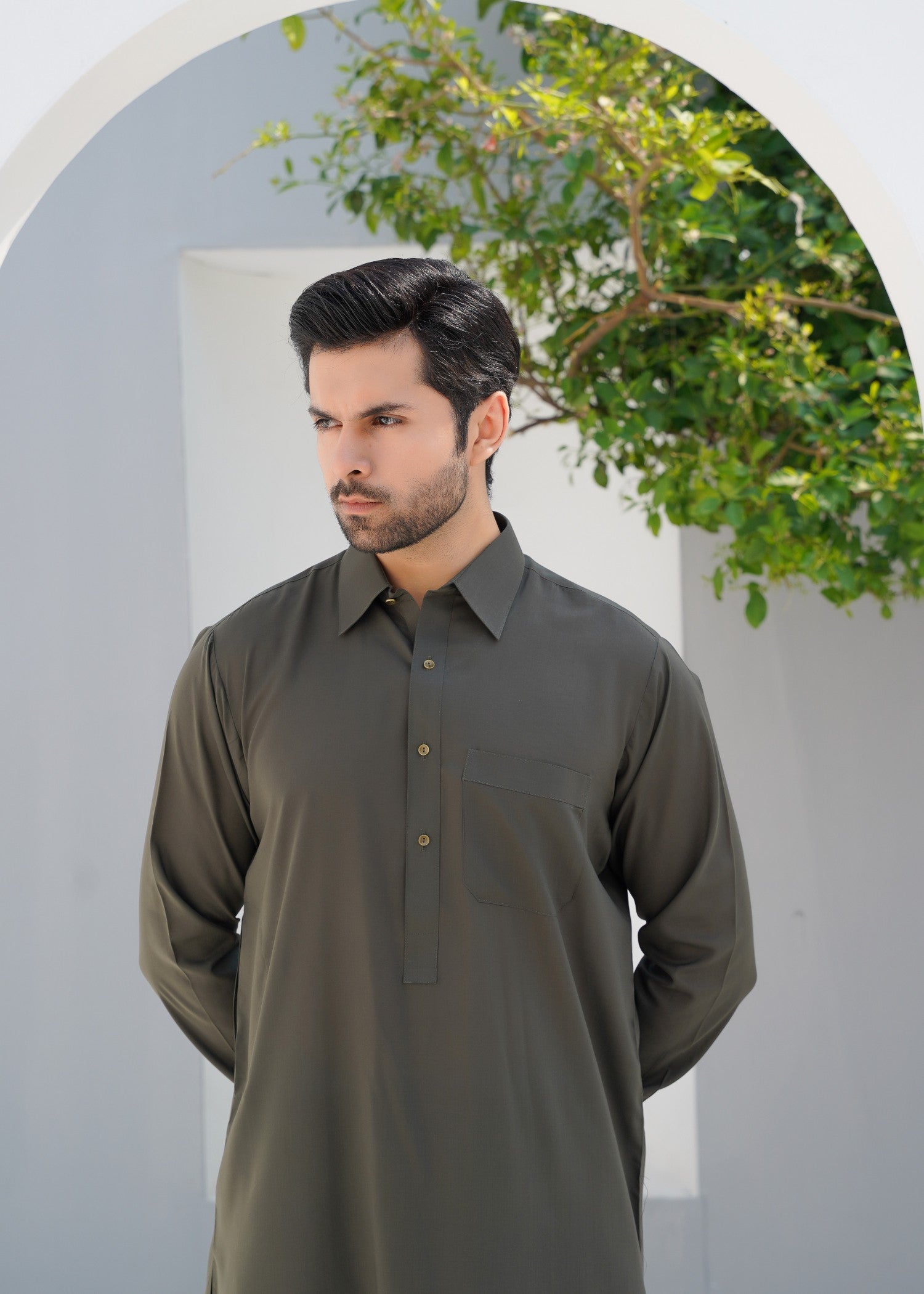 Olive Green Wash & Wear Shalwar Kameez (2-Piece) - Image 2