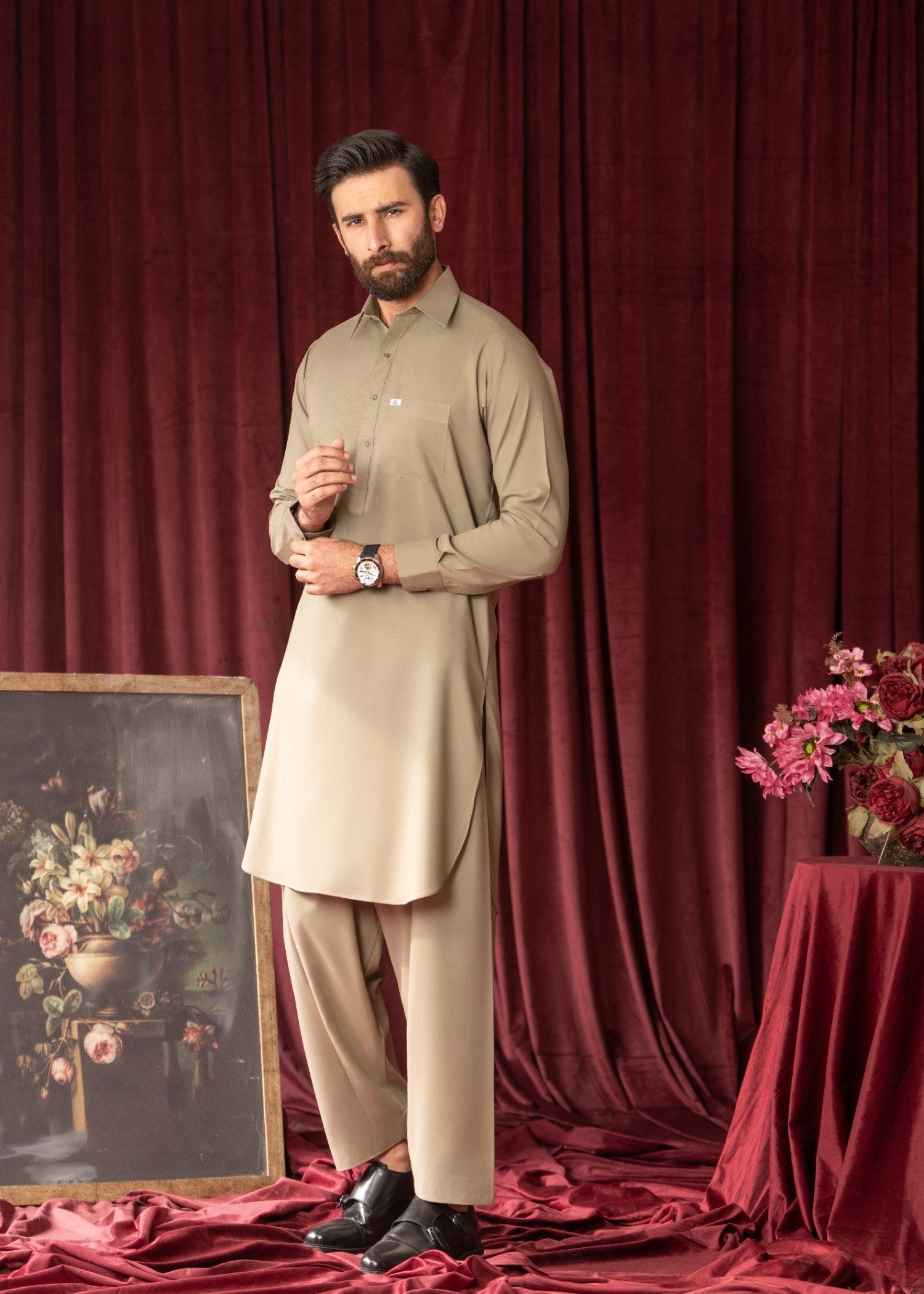 Olive Green Wash & Wear Shalwar Kameez (2-Piece) - Image 2