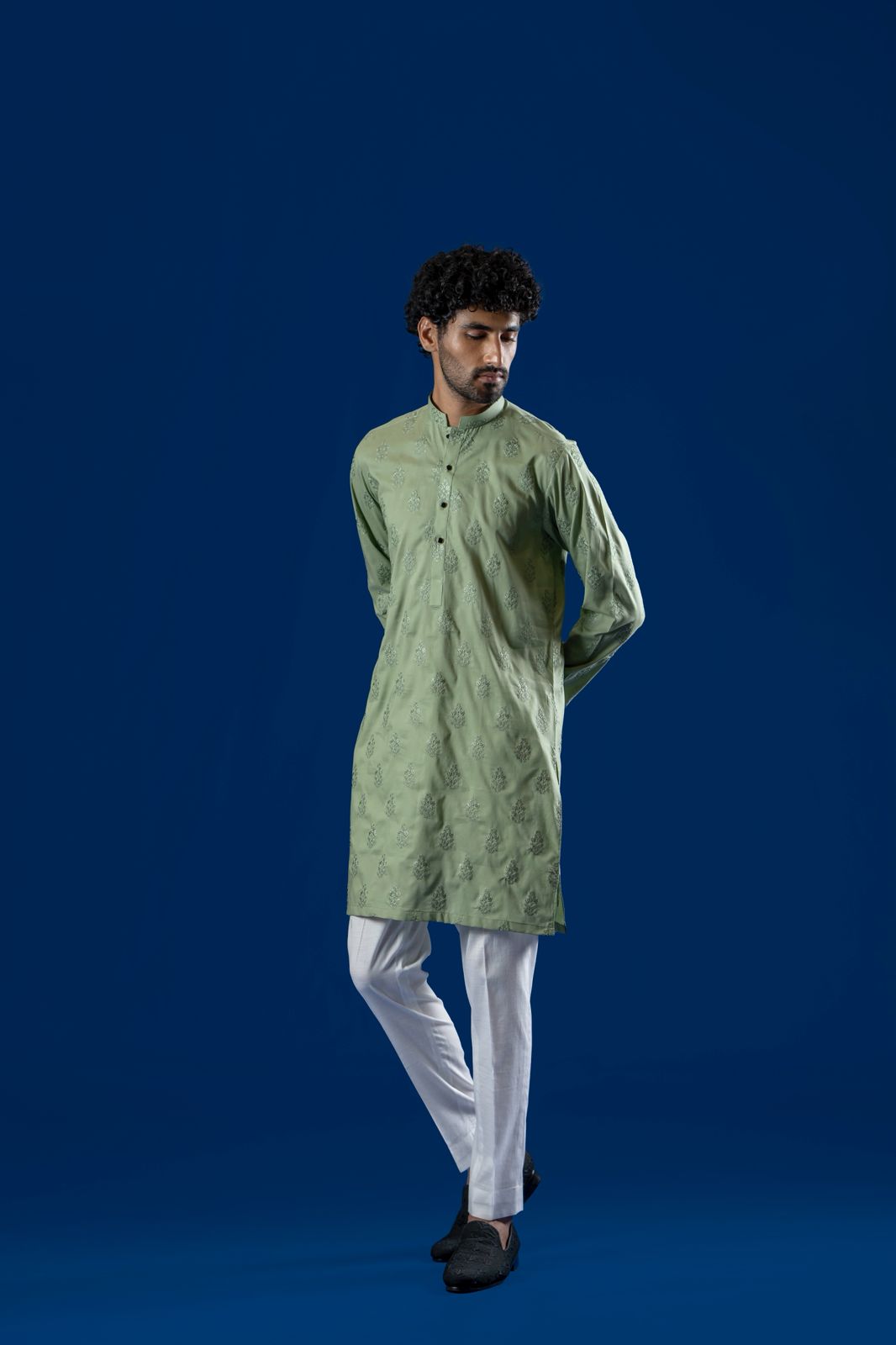Light Green Thread-Embroidered Cotton Kurta (2-Piece) - Image 1