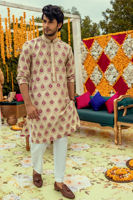 Mint Green Block Printed Raw Silk Kurta (2-Piece) - Image 2