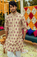 Mint Green Block Printed Raw Silk Kurta (2-Piece) - Image 3