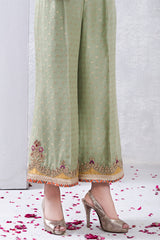 Pakistani Olive Green Embroidered Cotton Net Flared Pants (1-Pc) - Image 2