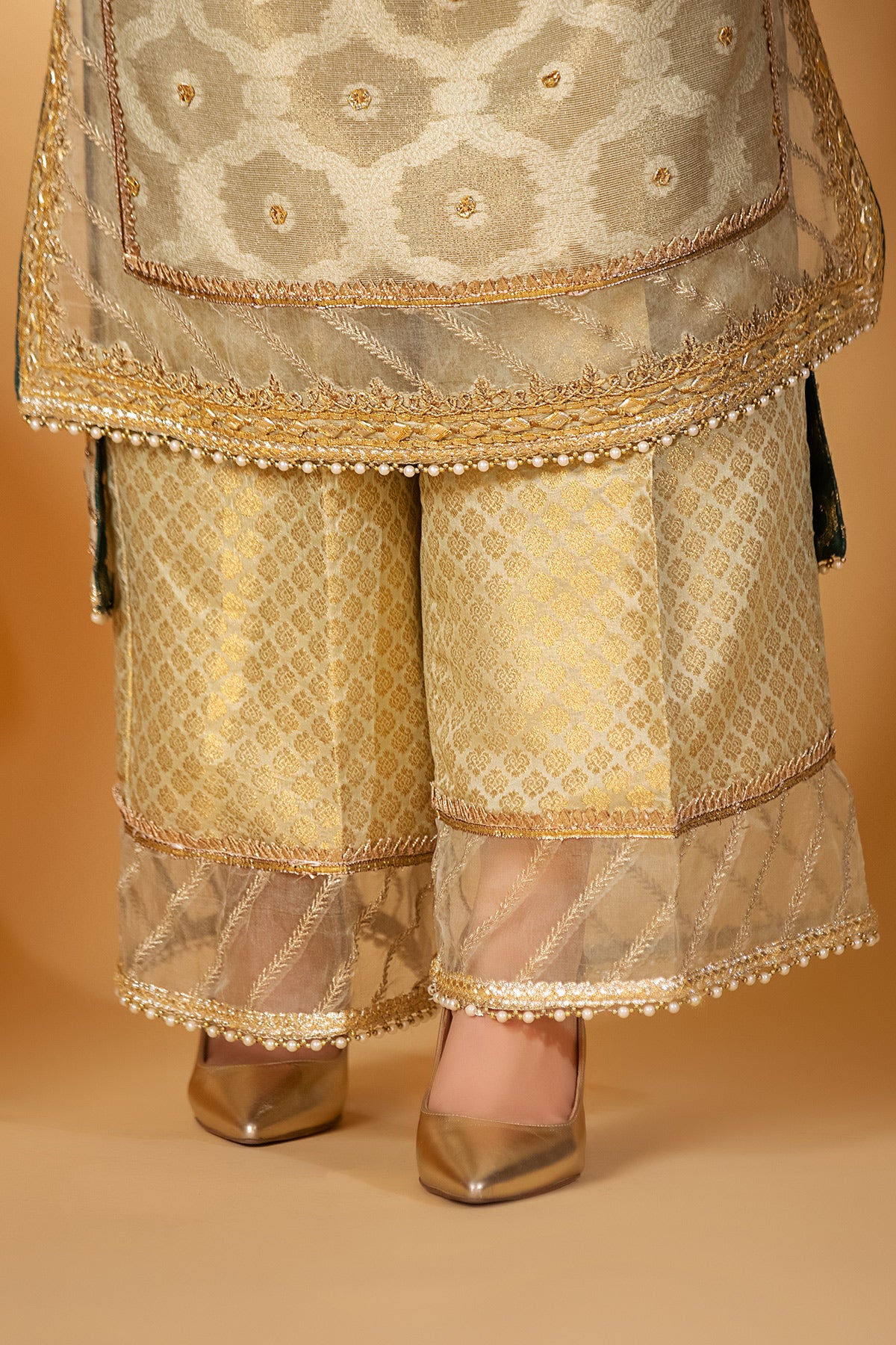 Pakistani Pistachio Green Gota Patti Jamawar Pants (1-Pc) - Image 1