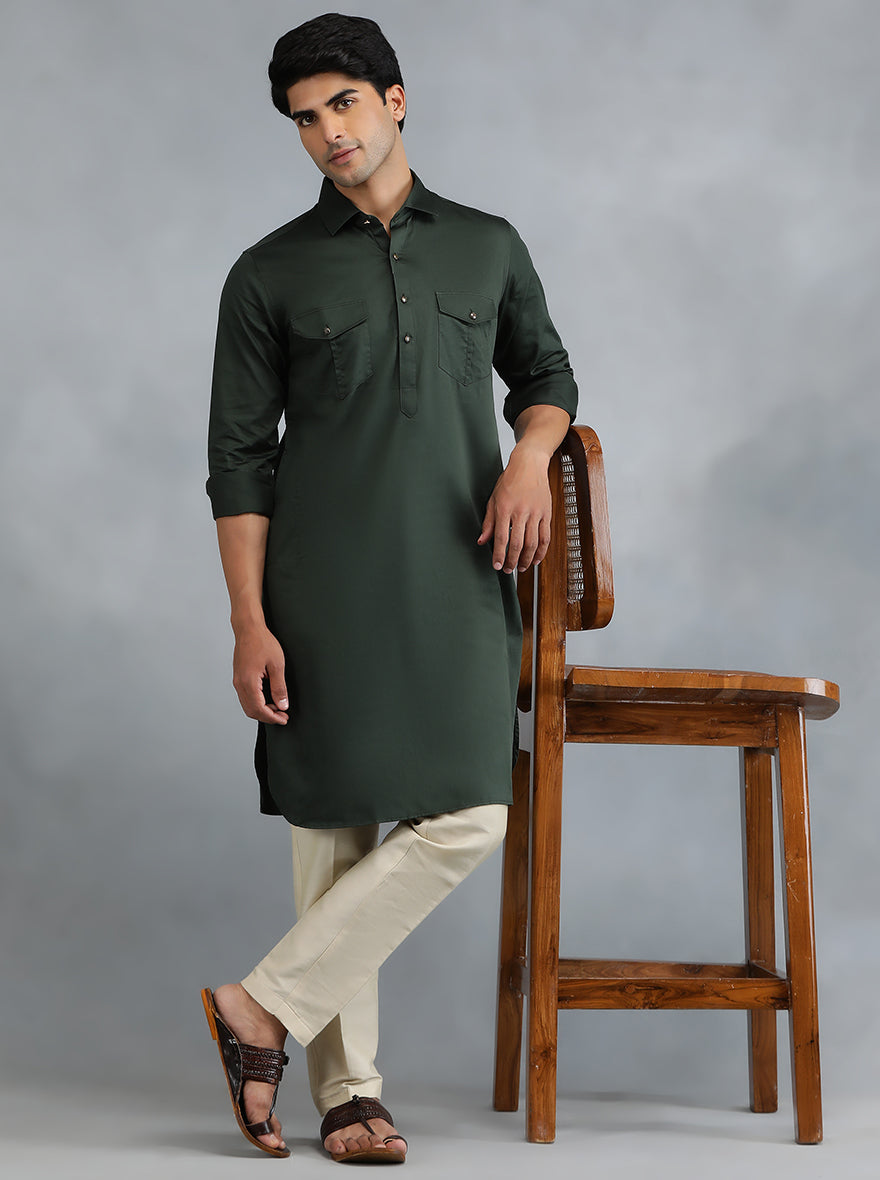 Bottle Green Cotton Blend Pathani Kurta (2-Piece) - Image 1