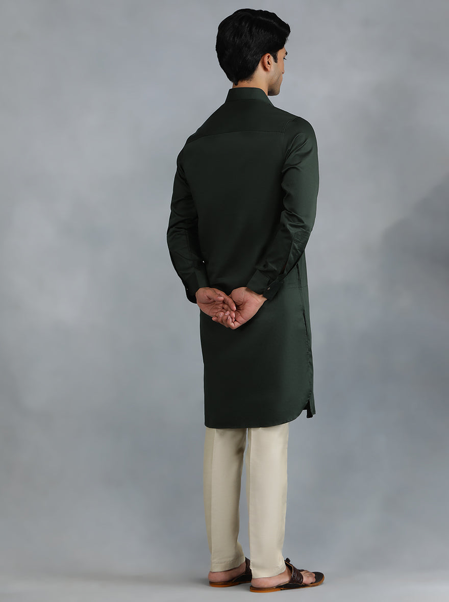 Bottle Green Cotton Blend Pathani Kurta (2-Piece) - Image 3