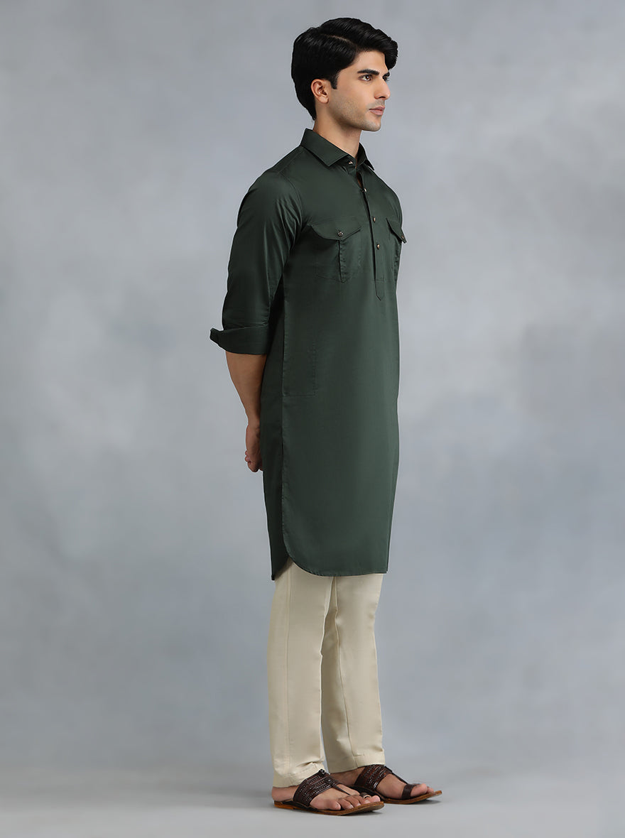 Bottle Green Cotton Blend Pathani Kurta (2-Piece) - Image 4