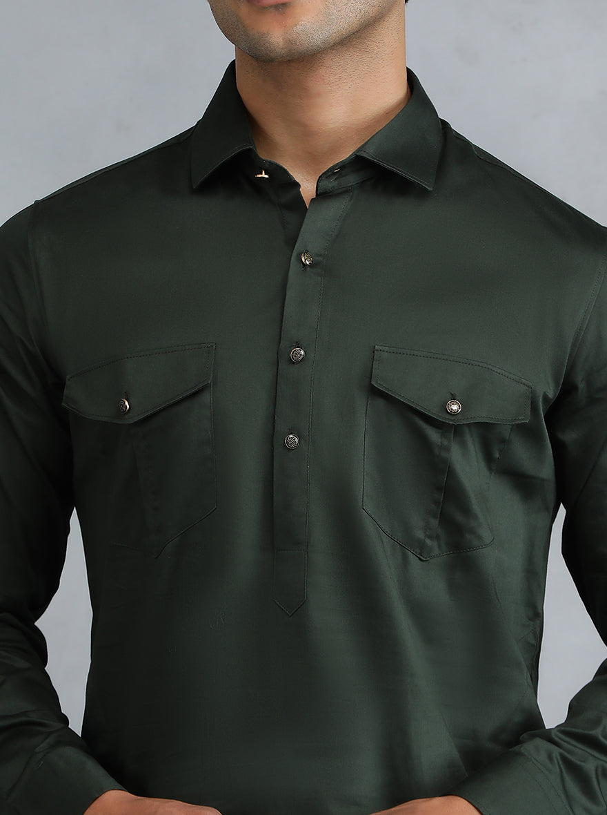 Bottle Green Cotton Blend Pathani Kurta (2-Piece) - Image 7