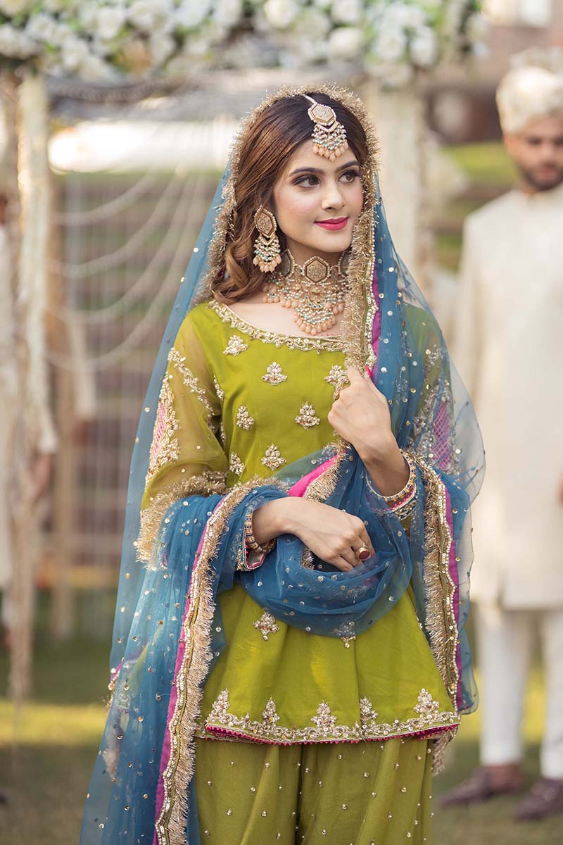 Olive Green Gota Zardozi Net Peplum (3-Piece) - Image 2