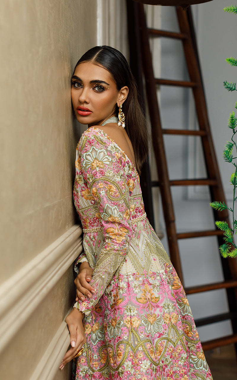 Pakistani Green Embroidered Organza Peplum Dress (2-Piece) - Image 2